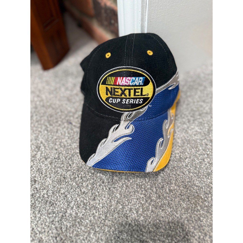 Vintage NASCAR Nextel Cup Series ISC Hat Black Blue Flames Adjustable Strapback